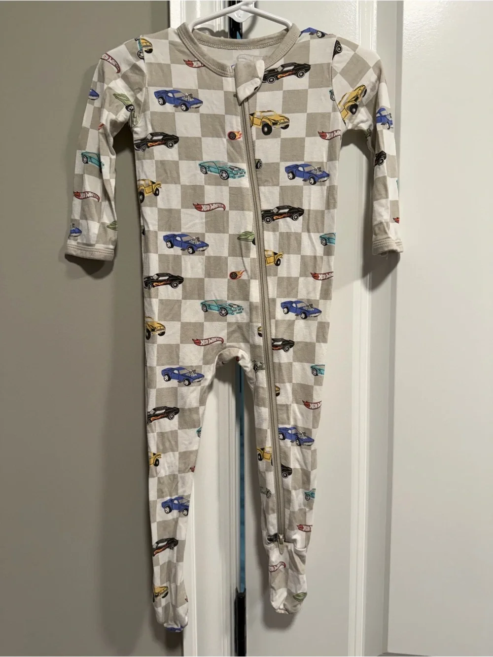 Kyte BABY Beige Checkered One-Piece Footie with Colorful Car Print